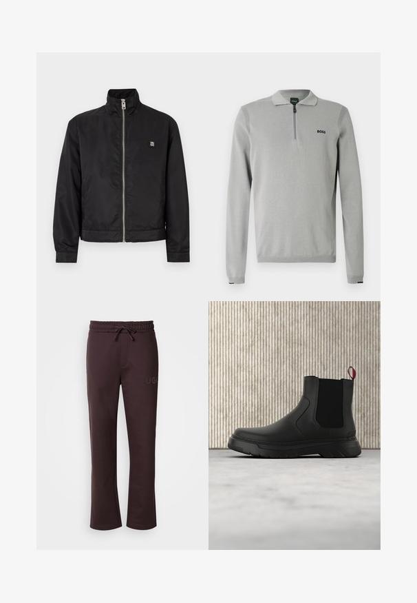 Sort jakke med lynlås, høj krave, lange ærmer, sidelommer og lille "HUGO"-logo på venstre bryst.; Grå pullover med lynlås i kraven, med ribstrikkede detaljer på skuldre og ærmekanter. Indeholder en lille sort "BOSS"-logo på brystet.; Mørkebrun joggingbukser med elastisk taljebånd, snøre, sidelommer og "HUGO" logo trykt på venstre ben. Blød tekstur.; Sort ankelstøvle med en glat overflade, elastiske sidepaneler og en kontrasterende rød træksløjfe, der har en tyk gummisål og rund tå.