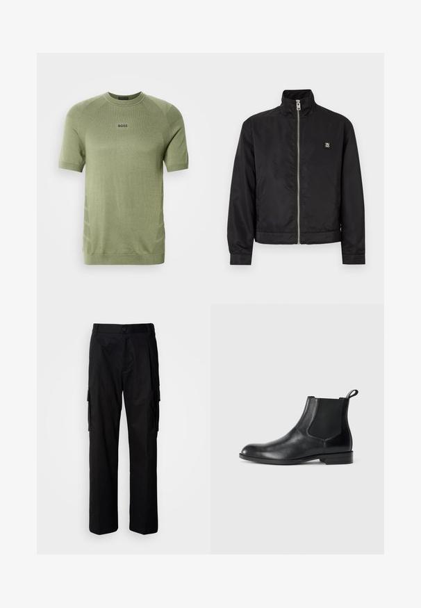 Veste noire à fermeture éclair avec col montant, manches longues, poches latérales et petit logo "HUGO" sur le côté gauche de la poitrine.; Chemise en maille vert olive à manches courtes avec col ras du cou et logo "BOSS" centré sur la poitrine.; Pantalon cargo noir à coupe décontractée, avec poches latérales, fermeture par bouton, et tissu léger et lisse.; Bottine en cuir noir avec des panneaux latéraux élastiques, bout rond et tirette. Texture lisse, semelle plate, design minimaliste.