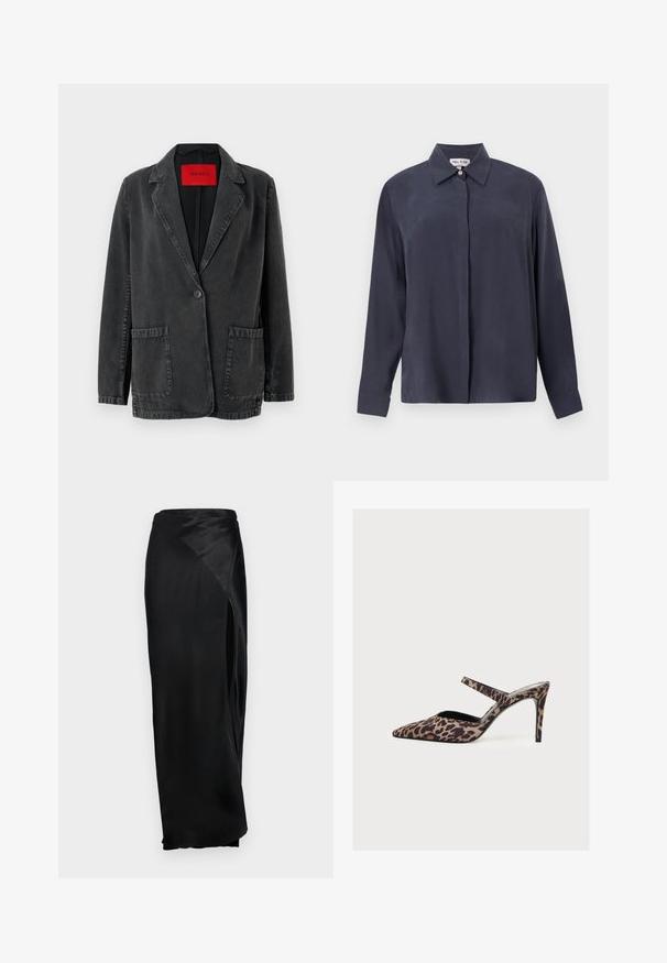 Zwarte denim blazer met een notch-kraag, eenknopsluiting, twee voorzakken en een rood merketiket aan de binnenkant. Geverfde stof.; Donker marineblauw langemouwen shirt van gladde stof, met een klassieke kraag en knoopsluiting aan de voorkant. Losse pasvorm met manchetten.; Zwarte satijnen maxirok met een zijopening, gladde textuur en gedrapeerd ontwerp. Heeft een hoge taille en vloeiende silhouet.; Hooggehakte mule met puntige neus, luipaardprint en een dunne band over de wreef.