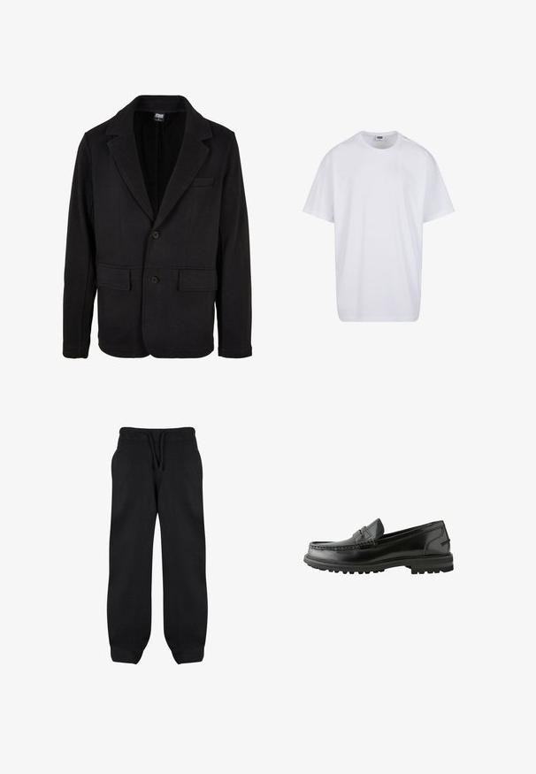 Blazer negro hecho de una tela suave con cuello con muesca, dos bolsillos frontales y cierre de dos botones. El diseño clásico presenta una textura mínima.; Camiseta blanca lisa de algodón, de manga corta, con cuello redondo y etiqueta visible de talla y marca dentro del cuello.; Pantalones de chándal negros con cintura elástica, cordón y bolsillos laterales. Fabricados con una tela suave, tienen un corte holgado y tobillos ajustados.; Mocasines de cuero negro con un acabado suave, que presentan un diseño cosido, un tacón bajo apilado y una suela de goma duradera con tracción.