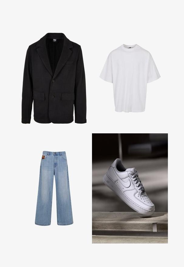 Sort blazerjakke lavet af blødt stof med klapkrave, to forlommer og to-knaps lukning. Klassisk design med minimal struktur.; Hvid bomulds t-shirt med rund hals og korte ærmer, der har en løs pasform og subtile syningsdetaljer.; Lyseblå vide jeans med høj talje og en lille farverig vævet detalje, der stikker frem fra den højre forlommer.; Hvid læder Nike Air Force 1 sneaker med perforeret tå, flade snørebånd og tekstureret gummisål med "AIR" branding på siden.