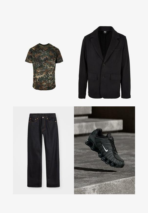 Zwarte blazerjas van zacht materiaal met een opstaand kraag, twee voorzakken en een kraag met twee knopen. Klassiek ontwerp met een minimale textuur.; Camo t-shirt van katoen, met een meerkleurig patroon in groen, bruin en zwart. Ronde hals en korte mouwen.; Heren straight-leg zwarte denim jeans met vijf zakken en oranje stiksels, knoop- en ritssluiting op de voorkant van de tailleband.; Nike hardloopschoen in donkergroen, met een gladde synthetische bovenkant, een mesh textuur, zwarte veters en een glanzende zool met luchtkussens.