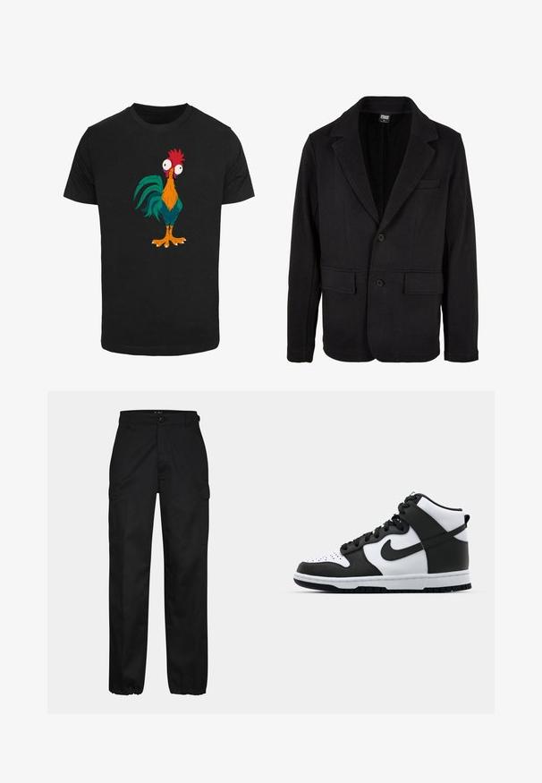 Schwarze Blazerjacke aus weichem Stoff mit einem Reverskragen, zwei Fronttaschen und einer Zwei-Knopf-Verschluss. Klassisches Design mit minimaler Textur.; Schwarzes T-Shirt mit einem bunten Cartoon-Hahn-Design, das übertriebene Merkmale und große Augen zeigt, mit orangefarbenen, grünen und roten Akzenten.; Schwarze Cargo-Hosen mit geradem Schnitt, ausgestattet mit Seitentaschen, einem Knopfverschluss und elastischen Bündchen an den Knöcheln. Hergestellt aus strapazierfähigem Material.; Schwarz-weißer High-Top-Sneaker mit Lederobermaterial, perforiertem Zehenbereich, auffälligem Swoosh-Logo und strukturiertem Gummisohle.