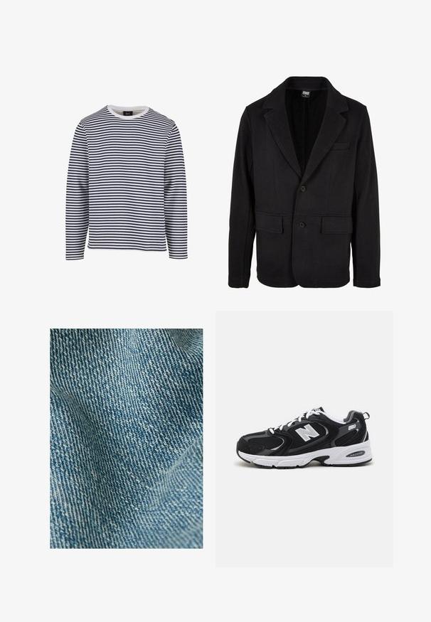 Blazer negro hecho de una tela suave con cuello con muesca, dos bolsillos frontales y cierre de dos botones. El diseño clásico presenta una textura mínima.; Camisa de manga larga con rayas horizontales en azul marino y blanco, cuello redondo, material de algodón y corte relajado.; Primer plano de tela de mezclilla azul claro que muestra la textura tejida detallada y el patrón de sarga diagonal con pliegues sutiles.; Zapatillas deportivas en negro y gris con parte superior de malla y ante, que cuentan con una entresuela blanca, cordones y un llamativo logo "N" en el lateral.