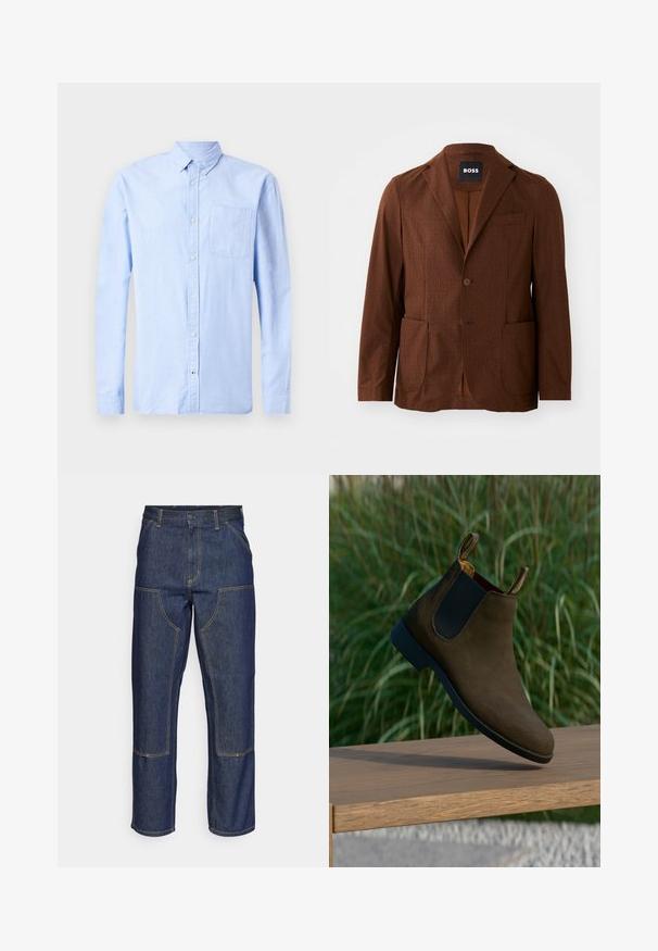 Bruine geblokte blazer met notch-lapels, twee frontzakken en een enkele knoopsluiting. Gemaakt van textiel met structuur. Geschikt voor casual wear.; Lichtblauw langarm overhemd met knopen, gemaakt van zachte stof, met een button-down kraag en een enkele borstzak.; Donkerblauwe denim jeans met een hoge taille, rechte pijpen, contrasterende stiksels en opgestikte zakken aan de voorkant.; Bruine suède Chelsea-boot met zwarte elastische zijpanelen en een lage hak, voorzien van instaplussen aan de achterkant en een gladde zwarte zool.
