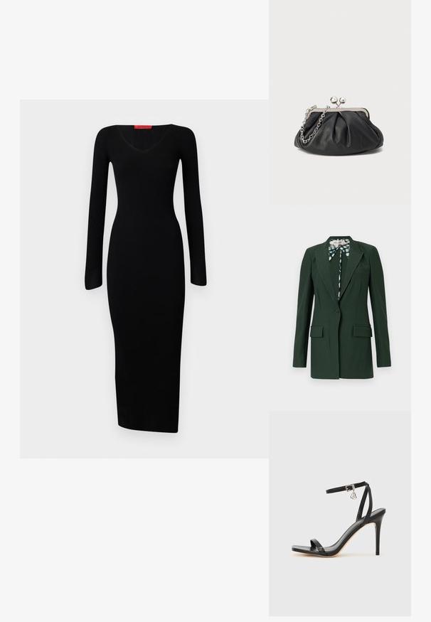 Blazer ajustado de color verde oscuro con cierre de un solo botón, solapas con muesca, dos bolsillos frontales y detalle de corbata con patrón en el interior.; Vestido negro de manga larga con textura acanalada, escote en V y silueta ajustada, que llega hasta la mitad de la pantorrilla. La textura suave resalta un diseño elegante.; Sandalia de tacón alto negra con una estrecha correa en el tobillo, punta cuadrada, material de cuero liso y detalle de hebilla metálica.; Clutch de cuero negro con textura arrugada, marco de metal en tono plateado, cierre de beso y cadena para colgar. Superficie suave y lisa.