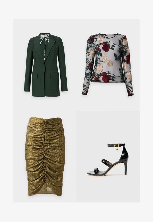 Mørkegrøn skræddersyet blazer med enkelt knaplukning, hakkede revers, to forlommer og et mønstret slipsdetalje indeni.; Gennemsigtig langærmet bluse med blomsterbroderi i bourgogne og cremet på en grå baggrund. Har en rund halsudskæring og puffede skulderdetaljer.; Gul pailletteret blyantskirt med rynket detaljer foran og bagpå, med en tekstureret overflade og en kant der bliver smallere mod bunden.; Sorte patenterede lædersandaler med tre stropper, ankelspænde og 10 cm stiletthæl. Har detaljer i guld og et logo charms.