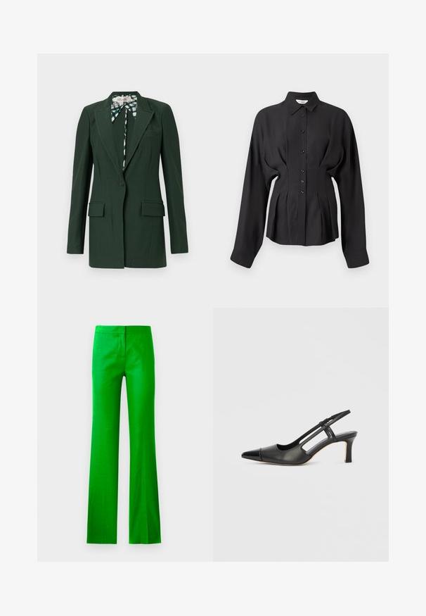 Blazer ajustado de color verde oscuro con cierre de un solo botón, solapas con muesca, dos bolsillos frontales y detalle de corbata con patrón en el interior.; Camisa negra de manga larga en una tela suave, con cierre de botones en la parte delantera, dobladillo curvado y detalles fruncidos en la cintura para un ajuste entallado.; Pantalones de campana de un verde brillante, hechos de una tela suave, con un frente plano y sin bolsillos visibles. Diseño limpio y minimalista.; Zapato slingback de cuero negro con punta afilada, con un acento brillante en la puntera y un tacón de altura media. Diseño con lateral abierto.