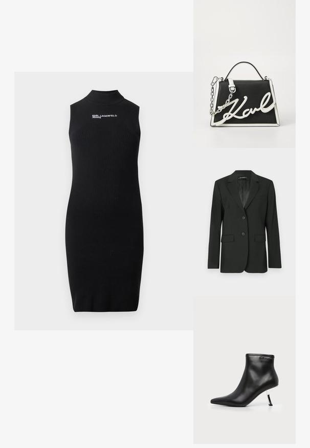 Schwarzer Blazer mit Reverskragen, zwei Knöpfen und zwei Fronttaschen. Glatter Stoff mit gesteppten Details und einem schlichten Innenfutter.; Schwarzes ärmelloses, geripptes Strickkleid mit Stehkragen und weißem "Karl Lagerfeld Jeans"-Logo auf der Brust.; Schwarzer Leder-Stiefelette mit spitzer Zehenpartie und glänzendem silbernem Stiletto-Absatz auf weißem Hintergrund.; Schwarze Ledertasche mit weißen Akzenten. Verfügt über einen Kettenriemen, eine strukturierte Form und ein auffälliges weißes Logo-Detail. Glatte Textur.
