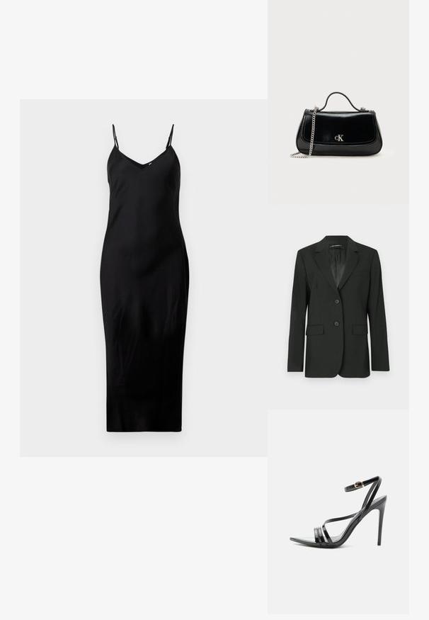 Blazer negro con solapas muescas, dos botones y dos bolsillos frontales. Tejido suave con detalles de costura y un forro interior liso.; Vestido midi negro sin mangas con finos tirantes tipo espagueti y escote en V, exhibido sobre un fondo blanco liso.; Sandalia negra de tacón alto con finas tiras sobre los dedos y el tobillo, con una hebilla dorada en un tacón stiletto delgado.; Bolso de mano de cuero negro con correa de cadena, forma estructurada y un acento de logo plateado. Textura suave con cierre de solapa.