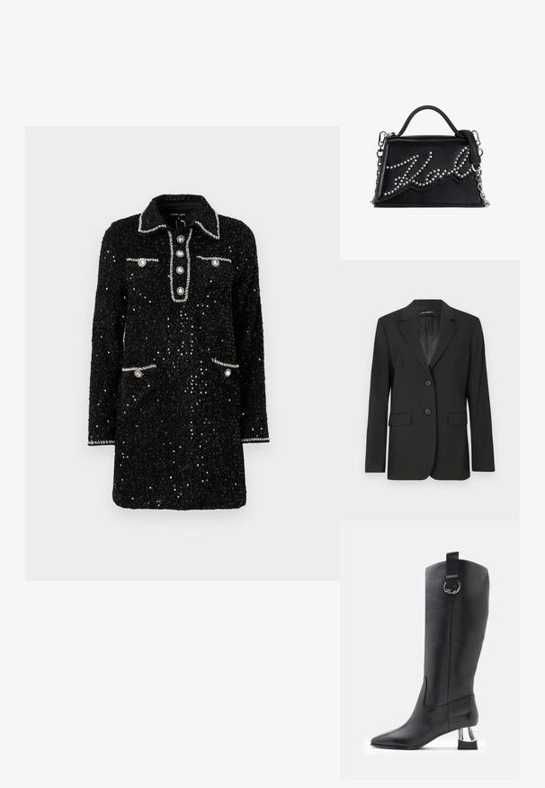 Schwarzer Blazer mit Reverskragen, zwei Knöpfen und zwei Fronttaschen. Glatter Stoff mit gesteppten Details und einem schlichten Innenfutter.; Schwarzes Paillettenkleid mit einem Kragen, fünf Knöpfen an der Vorderseite und zwei Taschen, verziert mit silbernen Akzenten und runden Verzierungen.; Schwarze Lederstiefel bis zum Knie mit spitzer Zehe und chromfarbigem Blockabsatz. Mit einem Riemen und einer runden Hardware-Akzentuation an der Oberseite.; Schwarze Lederhandtasche mit silbernen Nieten, die das Wort "Karl" bilden, einem oberen Griff und einem abnehmbaren Kettenriemen. Strukturiertes Design mit einem leichten Glanz.