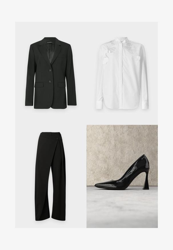 Blazer negro con solapas muescas, dos botones y dos bolsillos frontales. Tejido suave con detalles de costura y un forro interior liso.; Camisa blanca de manga larga de algodón con cuello mao. Presenta detalles de volantes en capas en los hombros y cierre de botones en la parte delantera.; Pantalones negros de pierna ancha con un panel envolvente en el frente y un cierre de botón en la cintura, mostrados sobre un fondo blanco.; Zapato de tacón alto de charol negro con punta afilada y un tacón stiletto curvado y angulado, suspendido sobre un suelo liso de color claro.