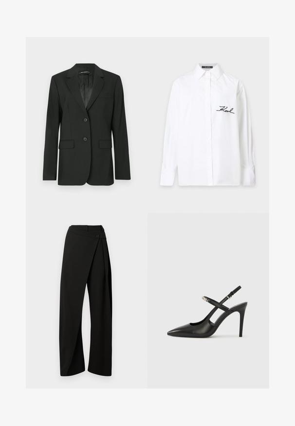 Zwarte blazer met een opstaande revers, twee knopen en twee voorzakken. Glad materiaal met gestikte details en een eenvoudige binnenvoering.; Witte blouse met lange mouwen, knopen en kraag, met zwarte cursieve "Karl" borduursel op de linkerborst.; Zwarte wijde broek met een frontale wikkelpaneel en een knoopsluiting in de taille, weergegeven tegen een witte achtergrond.; Zwarte leren slingback pumps met hoge hak, puntige neus, opengewerkt ontwerp en verstelbare band met metalen beslag.