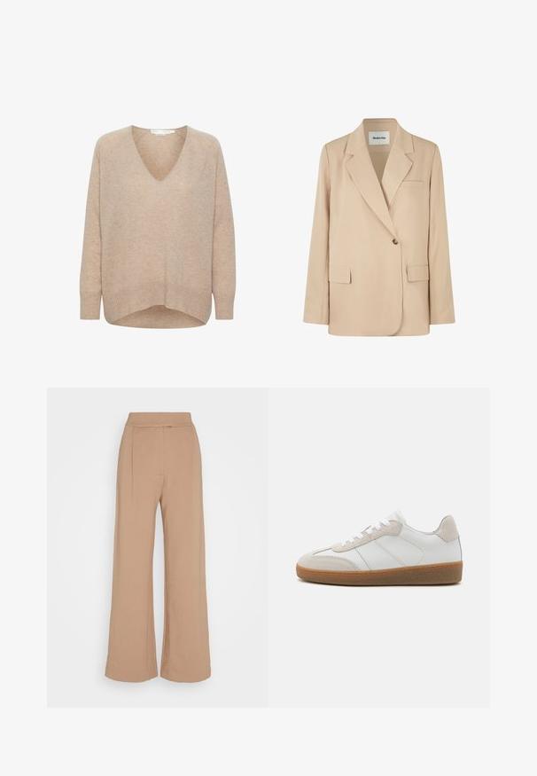 Beige blazer med en struktureret design, to forlommer, enkelt knaplukning og skarpe revers. Fremstillet af glat, letvægtsstof.; Beige V-hals sweater i blødt strik med ribbede kanter og manchetter. Har en afslappet pasform og sænkede skuldersømme for komfort og bevægelsesfrihed.; Anna Field by Zalando Bukser - brown; Hvide lædersneakers med beige ruskindsdetaljer, struktureret tunge og gummisål. Har hvide snørebånd og diskrete stikninger.