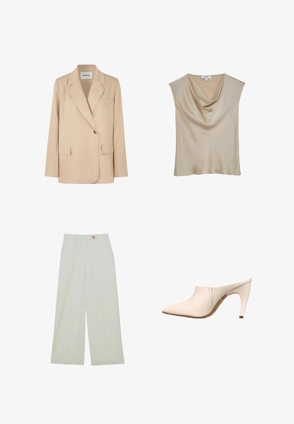 Beige blazer med en struktureret design, to forlommer, enkelt knaplukning og skarpe revers. Fremstillet af glat, letvægtsstof.; Beige satinærmløs bluse med kaskadeudskæring, mærket "REISS", vist mod en hvid baggrund.; Bukser med vide ben i en lys cremet farve, med knaplukning, forreste læg og sidelommer, lavet af et glat stof.; Beige mule med spids tå, mellemhøj buet hæl og minimale syninger nær åbningen på hvid baggrund.