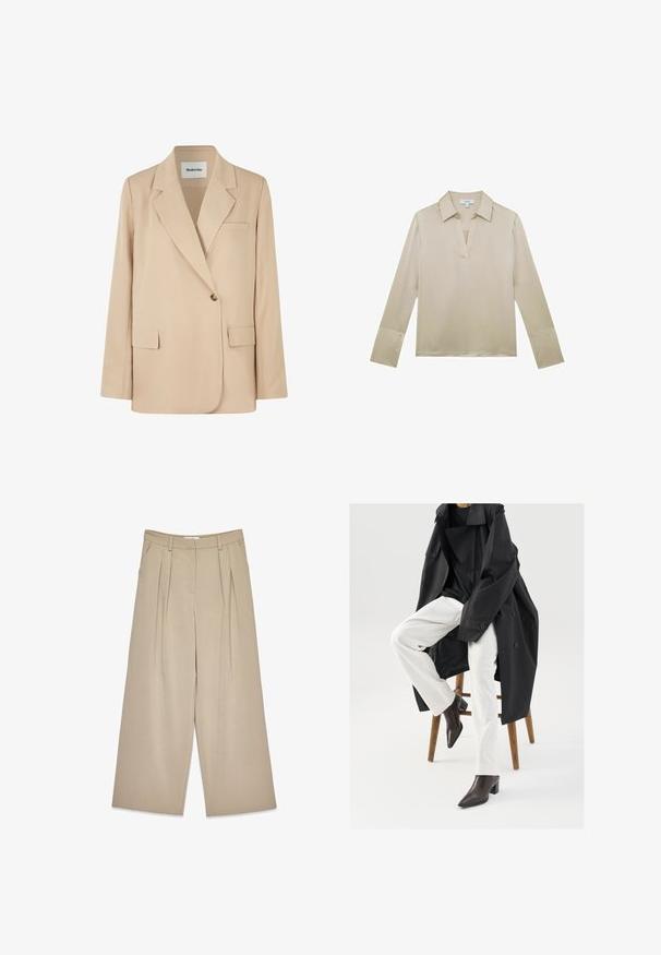 Beige blazer med en struktureret design, to forlommer, enkelt knaplukning og skarpe revers. Fremstillet af glat, letvægtsstof.; Beige bluse med lange ærmer, V-hals og manchetter med knapper, vist på hvid baggrund.; Beige viddebukser med frontfolder, sidelommer, bælteløkker og en skjult lukning foran.; Sort, oversized trenchcoat over en sort top, parret med hvide bukser og brune, spidse ankelstøvler, siddende på en træstol.