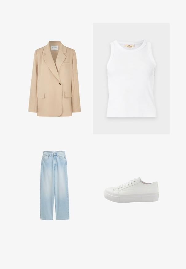 Beige blazer med en struktureret design, to forlommer, enkelt knaplukning og skarpe revers. Fremstillet af glat, letvægtsstof.; Hvid ribbet ærmeløs crop top med rund hals og en synlig beige mærkebetiket inden i kraven.; Lyseblå vidbenet denimjeans med høj talje, forreste knappe- og lynlåslukning samt fem lommer.; Lavtop hvid sneaker med snørebånd foran, tyk gummisål og minimale syningsdetaljer, vist fra ydersiden.