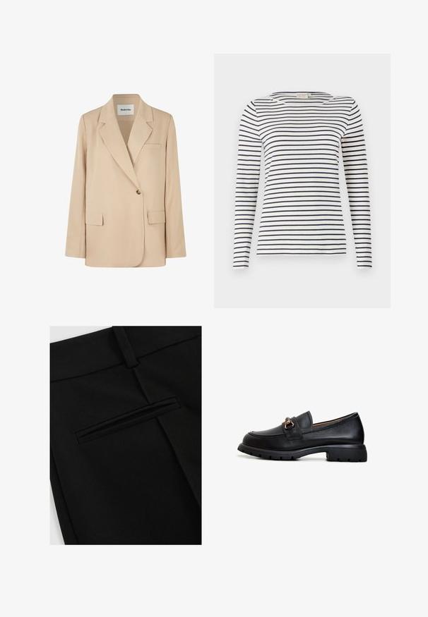 Beige blazer med en struktureret design, to forlommer, enkelt knaplukning og skarpe revers. Fremstillet af glat, letvægtsstof.; Langærmet stribet skjorte lavet af blødt stof, med marineblå og hvide vandrette striber, rund halsudskæring og en slim-fit design.; Sorte bukser lavet af glat stof, med et fladt design foran og en enkelt baglomme med en slidsåbning.; Sort læder loafersko med rund tå, dekorativt guldsmykke og en robust gummisål med et struktureret grebmønster.