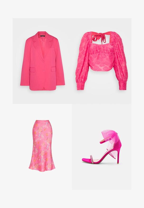 Even&Odd by Zalando Blazer - pink; Hofmann Copenhagen LAURA - Blouse - hot pink; Pink satin skirt with colorful abstract patterns including stars, hearts, and shapes, fitted at the waist and flaring slightly at the hem.; Hot pink high-heeled sandal with a mesh tulle accent, open toe, thin ankle strap, and embellished rhinestone detailing on the front.