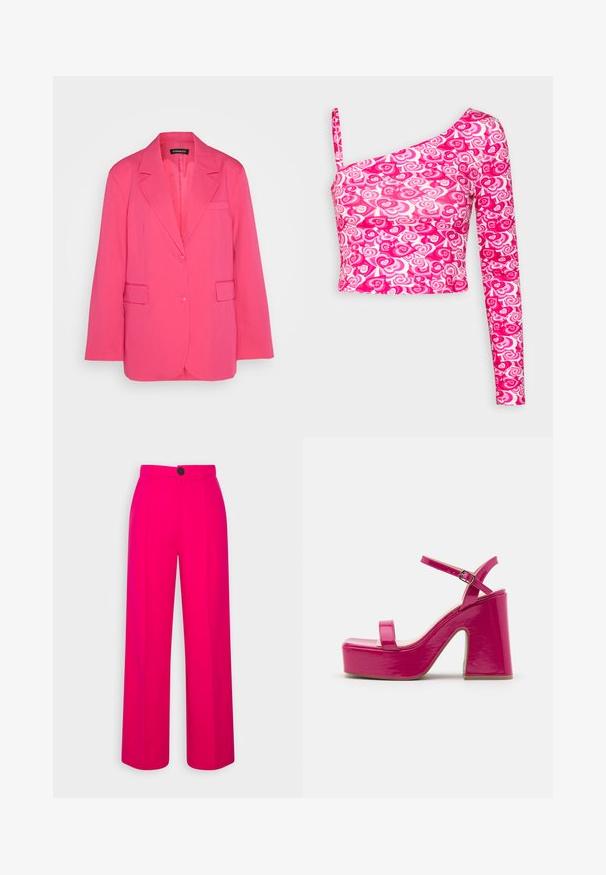 Even&Odd by Zalando Blazer - pink; Even&Odd by Zalando Langærmet T-shirt - pink; Fuchsia brede bukser med høj talje, frontfald og en enkelt sort knaplukning. Glat tekstur og skræddersyet design.; RAID MAARIA - Højhælede sandaletter / Højhælede sandaler - pink