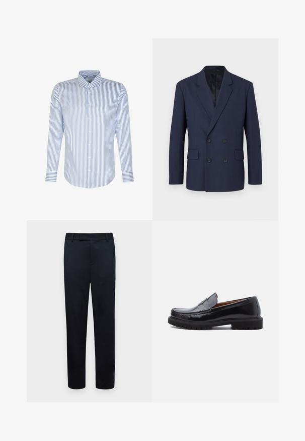 Marineblauwe dubbelgeknoopte blazer met geknipte revers, twee voorzakken en zwarte knopen. Gemaakt van een gestructureerde stof, met een soepele binnenvoering.; Heren overhemd met lange mouwen, lichtblauwe en witte strepen, knoopsluiting aan de voorkant, klassieke kraag, katoen stof, soepele textuur, gebogen zoom.; Zwarte broek met een slim fit. Heeft een gladde textuur, riemlussen en openingen voor voorzakken. Recht model.; Zwarte leren penny loafer met chunky rubberen zool en moc-toe stiksel, in profiel weergegeven op een witte achtergrond.