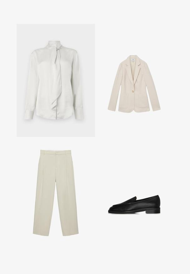 Lysebeige blazer lavet af tekstureret stof, med en notched krave, enkelt knaplukning og to forlommer for funktionalitet.; Hvid langærmet bluse med høj krave og en foran knyttet tørklæde-detail, fremstillet af et glat satinlignende stof.; Beige højtaljede skræddersyede bukser med sidelommer, bæltestropper og lynlås foran, i en rette bukseben pasform.; Sorte læderloafer med flad sål, der har et syet design og en subtil detalje på toppen. Glat tekstur og en slank silhuet.