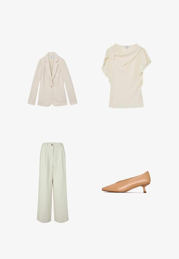 Blazer beige claro hecho de tela texturizada, con solapa con muesca, cierre de un botón y dos bolsillos delanteros para funcionalidad.; Blusa de manga corta color crema con escote drapeado y detalle de tela en capas asimétricas en los hombros.; Pantalones anchos de corte alto en color crema, con trabillas para cinturón, cierre de botón y pliegues delanteros, diseñados para un ajuste relajado.; Zapato de tacón desnudo de cuero con punta afilada, tacón bajo y textura suave. Diseño minimalista sin patrones ni detalles de hardware visibles.