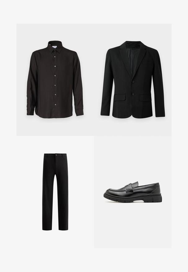 Blazer negro de tejido suave, con diseño de un solo botón, dos bolsillos frontales, solapas con muesca y dos botones.; Camisa negra de manga larga hecha de una tela suave, con un cierre frontal de botones, collar puntiagudo y dobladillo redondeado con botones en contraste.; Pantalones negros a medida con un diseño frontal plano, piernas rectas, cierre de botón único y presillas para cinturón, confeccionados en una tela suave sin patrones visibles.; Mocasin de cuero negro con una cinta ancha en el empeine, suela de goma con tacos gruesos y textura suave. Diseño clásico y elegante.