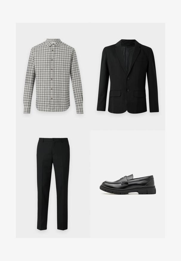 Sort blazer lavet af glat stof, med en enkeltknap closure, to for-lommer, en spids krave og to knapper.; Langærmet skjorte med knaplukning i hvid- og sortternet mønster, klassisk krave og brune knapper på en ensfarvet baggrund.; Sorte skræddersyede bukser lavet af et glat stof, med en pæn talje, forlommer og smalle lige ben.; Sort læder loafersko med en bred rem over forfoden, gummisål med tykke mønstre og glat overflade. Klassisk, slankt design.