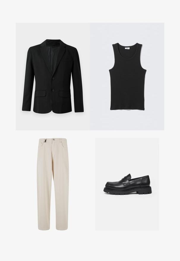 Sort blazer lavet af glat stof, med en enkeltknap closure, to for-lommer, en spids krave og to knapper.; Sort ærmeløs ribstrikket tanktop med rund halsudskæring, fladt lagt på lysegrå baggrund. Etiket med teksten "WEEKDAY."; Beige bomuldsbukser med lige ben, der har forlommer og knaplukning. Glat tekstur med minimal detaljering.; Sort læderloafer med tyk rillede sål og penny-remdetalje, vist i højre sideprofil på hvid baggrund.