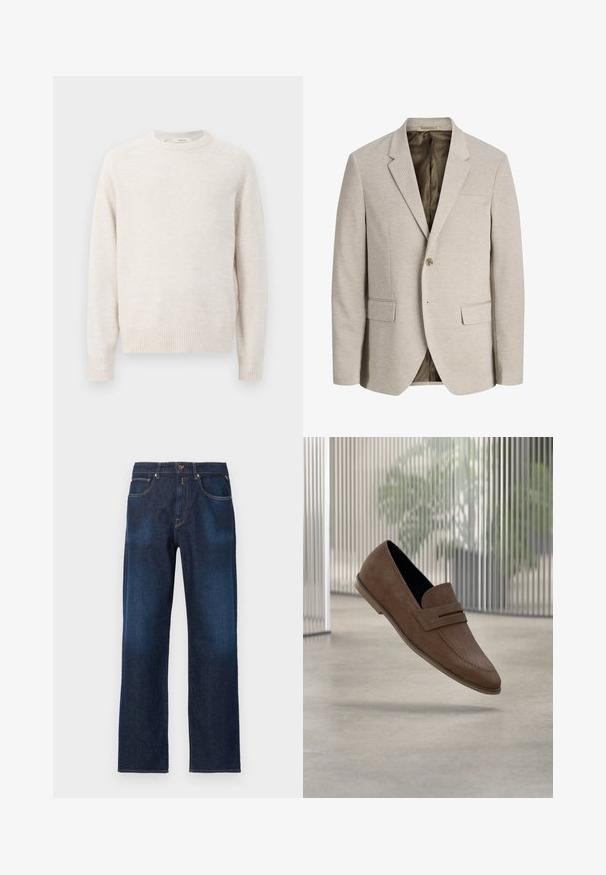 Beige herre blazer med notched revers, enkelt knaplukning, to forlommer med klap og mørk inderforing.; Flødefarvet sweater med rund halsudskæring, ribbede manchetter og kant. Blød tekstur med et enkelt, rent design og raglanærmer.; Mørkeblå straight-leg denim jeans med forlommer, bæltestropper og en knappelukning på en ensfarvet baggrund.; Brune ruskind loafers med en glat finish, syningsdetaljer og rundet tådesign. Forhøjet sål og slip-on stil.