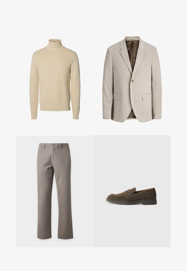 Beige herenjasje met ingesneden revers, enkele knoopsluiting, twee voorzakken met klep en een donkere voering.; Beige gebreide coltrui met lange mouwen en geribde boordjes en zoom, getoond op een effen witte achtergrond.; Beige recht gesneden herenbroek met knoop- en ritssluiting, riemlussen en voorzakken, getoond op een effen witte achtergrond.; Bruine suède instap schoenen met een ronde neus, een band over de wreef en een plat rubberen zool. Eenvoudig ontwerp met strakke lijnen en minimale details.