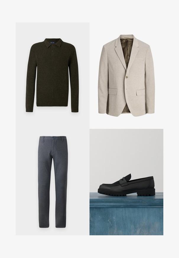 Blazer beige para hombre con solapas con muesca, cierre de un solo botón, dos bolsillos delanteros con solapa y forro interior oscuro.; Suéter polo de manga larga verde con un acabado texturizado, tapeta de dos botones y puños acanalados. Diseño simple y clásico adecuado para uso informal.; Pantalones grises texturizados de corte recto, con una cintura con trabillas, bolsillos delanteros y un cierre de botón individual.; Zapato negro de cuero tipo slip-on con un detalle de tela texturizada, suela de goma resistente y acabado suave. Presenta un detalle sutil de costuras.