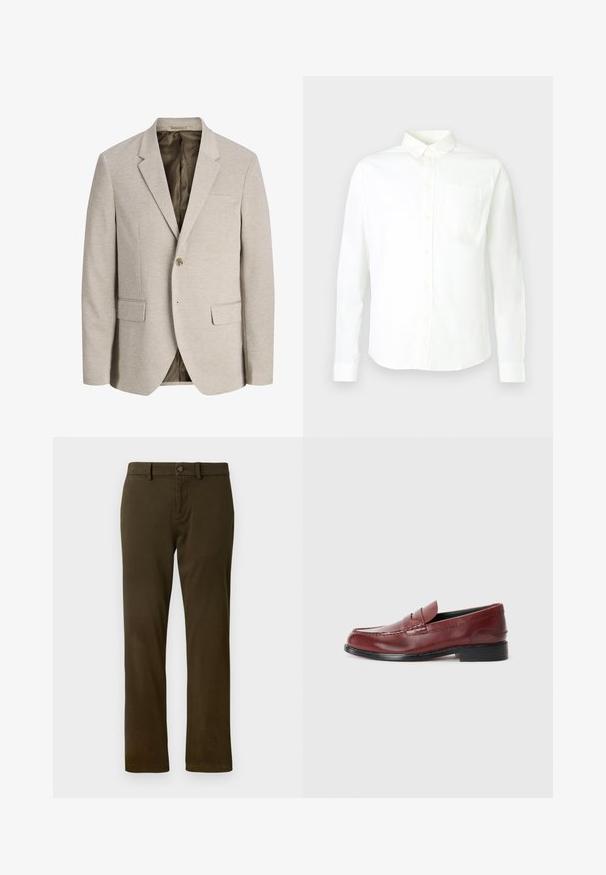 Beige herre blazer med notched revers, enkelt knaplukning, to forlommer med klap og mørk inderforing.; Hvid skjorte med lange ærmer og knapper, lavet af bomuld, med spids krave og en enkelt lomme på venstre bryst. Glat tekstur.; Mørkegrønne chino-bukser med en klassisk pasform, bæltestropper og en lukning med knap foran. Glat, struktureret stof med lige ben.; Burgunderfarvet læder loafer med en glat finish, dekorativ søm og en rund tå. Har en lav sort hæl.