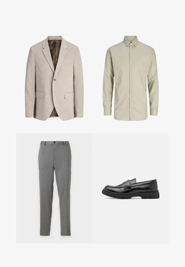 Blazer beige para hombre con solapas con muesca, cierre de un solo botón, dos bolsillos delanteros con solapa y forro interior oscuro.; Camisa de vestir beige para hombre de manga larga con cierre de botones en la parte delantera y cuello puntiagudo, mostrada sobre fondo blanco.; Pantalones gris ajustados que presentan una textura suave, un ligero patrón, cierre de cremallera y botón, con bolsillos frontales y piernas acampanadas.; Mocasin de cuero negro con una cinta ancha en el empeine, suela de goma con tacos gruesos y textura suave. Diseño clásico y elegante.