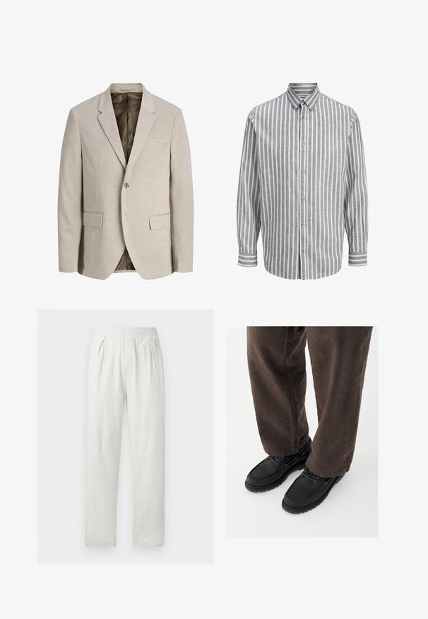 Beige herre blazer med notched revers, enkelt knaplukning, to forlommer med klap og mørk inderforing.; Langærmet skjorte med knapper, lodrette grå og hvide striber, klassisk krave, skræddersyet pasform og knappede manchetter.; Hvide teksturerede bukser med elastisk taljebånd og sidelommer, straight fit ben, vist mod en lys baggrund.; Sorte lædersko med glat finish, rundet tå og snøredesign, kombineret med teksturerede brune bukser. Set fra gulvniveau.