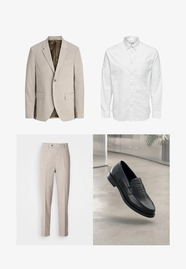 Beige herre blazer med notched revers, enkelt knaplukning, to forlommer med klap og mørk inderforing.; Hvid skjorte med lange ærmer, knapper, krave og brystlomme, med mærket "Selected Homme" på indersiden af kraven.; Lys beige uldslynger med en glat tekstur, lige snit, frontfolder og en enkelt knaplukning i taljen.; Sort lædersko med glat tekstur, spids tå og en dekorativ rem over vristen. Letvægts sål, minimalistisk design.