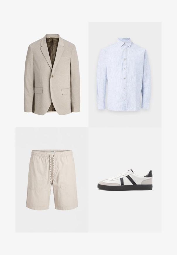 Blazer beige pour homme avec revers à crans, fermeture simple bouton, deux poches avant avec rabat, et doublure intérieure foncée.; Chemise pour homme à manches longues avec boutons, à rayures verticales bleu clair et blanches, col pointu, posée à plat sur un fond blanc.; Shorts décontractés beiges avec taille élastique, poches avant et cordon de serrage blanc, présentés sur un fond uni.; Baskets blanches avec des accents noirs et gris, présentant un embout texturé gris, une semelle en caoutchouc noir et des lacets plats blancs. Design épuré, style minimaliste.