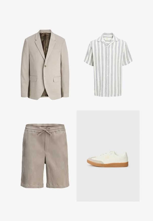 Blazer beige pour homme avec revers à crans, fermeture simple bouton, deux poches avant avec rabat, et doublure intérieure foncée.; Chemise blanche à manches courtes avec des rayures verticales noires et une patte de boutonnage sur le devant, dotée d’un col classique.; Shorts en tissu côtelé beige avec une taille élastique et un cordon de serrage à nouer à l'avant.; Baskets en cuir blanc avec une coque beige et une semelle en caoutchouc marron clair. Dotées de lacets blancs plats et d'un logo embossé sur le côté.