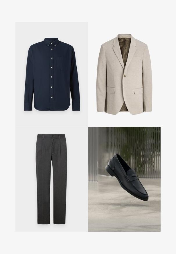 Beige herenjasje met ingesneden revers, enkele knoopsluiting, twee voorzakken met klep en een donkere voering.; Marineblauw overhemd met lange mouwen, een kraag, een knoopsluiting aan de voorkant en een borstzak. Gemaakt van een zachte stof.; Grijze op maat gemaakte broek met een rechte pijp, voorzien van een voorplooien, ritssluiting en knoopsluiting. Glad textuur, klassiek ontwerp.; Zwarte leren loafer met een gladde afwerking, puntige neus en gestikte details over de wreef. Lage hak en minimalistisch ontwerp.