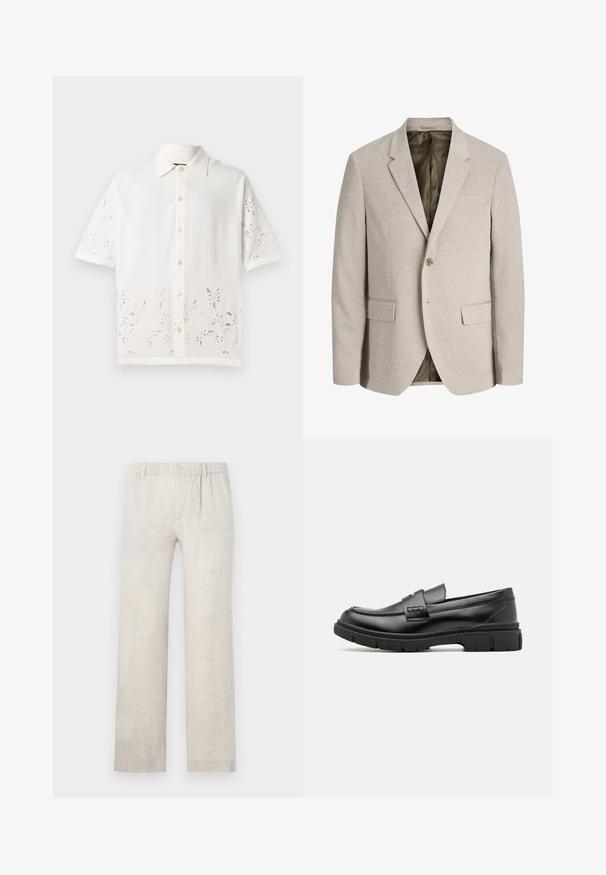 Beige herre blazer med notched revers, enkelt knaplukning, to forlommer med klap og mørk inderforing.; Hvid kortærmet skjorte lavet af letvægtsstof, med knaplukning foran, broderet blomsterdesign langs kanten og klassisk krave.; Lysbeige linnedragter med lige ben, elastisk talje og knaplukning. Minimal tekstur med subtile syninger.; Sort læder loafersko med en bred rem over forfoden, gummisål med tykke mønstre og glat overflade. Klassisk, slankt design.