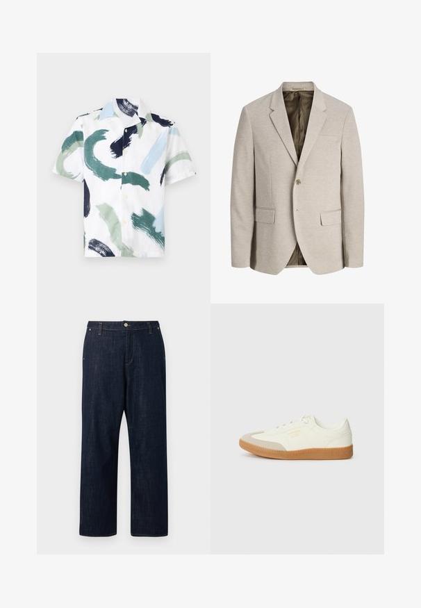 Blazer beige pour homme avec revers à crans, fermeture simple bouton, deux poches avant avec rabat, et doublure intérieure foncée.; Chemise à manches courtes boutonnée avec des motifs abstraits de coups de pinceau en vert, bleu, noir et blanc sur fond blanc.; Jean en denim bleu foncé à jambes droites avec bouton à l'avant, fermeture éclair, passants pour ceinture et poches, présenté sur un fond uni.; Baskets en cuir blanc avec une coque beige et une semelle en caoutchouc marron clair. Dotées de lacets blancs plats et d'un logo embossé sur le côté.