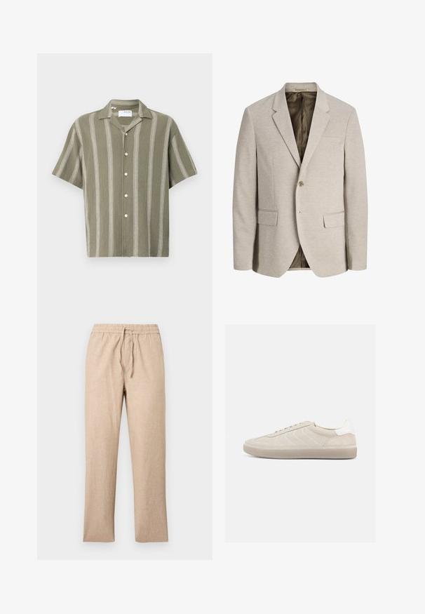 Beiger Herrenblazer mit Kerb-Revers, Ein-Knopf-Verschluss, zwei vorderen Pattentaschen und dunklem Innenfutter.; Kurzarm, olivgrünes Hemd mit vertikalen weißen Streifen und Knopfleiste. Hergestellt aus strukturiertem Stoff, mit kragenförmigem Halsausschnitt.; Beige Leinenhose mit Kordelzug, elastischem Bund, geradem Bein und ohne sichtbare Taschen, dargestellt vor einem hellgrauen Hintergrund.; Beiger Wildleder-Sneaker mit strukturiertem Obermaterial, glattem weißen Fersenbereich, dünnen Schnürsenkeln und Gummisohle. Verfügt über ein flaches Design.