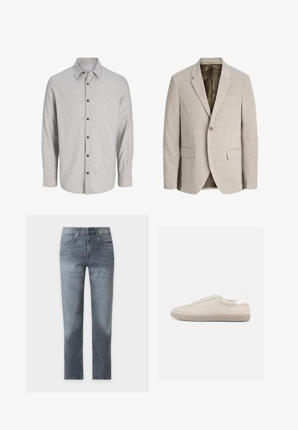 Beige herenjasje met ingesneden revers, enkele knoopsluiting, twee voorzakken met klep en een donkere voering.; Lichtgrijze langemouwenshirt van gestructureerde stof. Heeft een button-down kraag en zes zwarte knopen aan de voorkant.; Grijze rechte spijkerbroek met voorzakken, riemlussen en knoopsluiting, getoond tegen een witte achtergrond.; Beige suède sneaker met een gestructureerd bovenwerk, een gladde witte hielkap, dunne veters en een rubberen buitenzool. Heeft een slank, laag profiel.