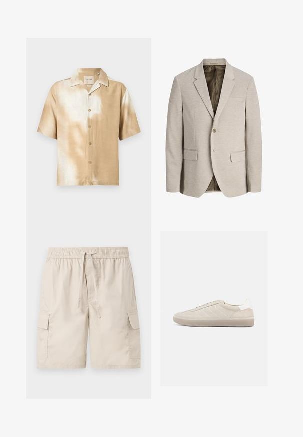 Blazer beige pour homme avec revers à crans, fermeture simple bouton, deux poches avant avec rabat, et doublure intérieure foncée.; Chemise à manches courtes avec boutons, motif tie-dye beige et blanc, col pointu et cinq boutons sur le devant.; Shorts cargo beige clair avec taille élastique, cordon de serrage et poches à rabat de chaque côté, présentés sur un fond blanc uni.; Baskets en daim beige avec une tige texturée, un contrefort de talon blanc lisse, de fines lacets et une semelle extérieure en caoutchouc. Présente un design bas profil.