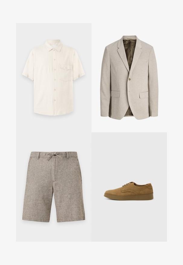 Blazer beige pour homme avec revers à crans, fermeture simple bouton, deux poches avant avec rabat, et doublure intérieure foncée.; Chemise beige à manches courtes avec boutons, col pointu et une poche poitrine boutonnée, présentée à plat sur un fond clair.; Shorts texturés de couleur brun clair, longueur genou, avec passants de ceinture, cordon de serrage noué et poches latérales, présentés sur un fond uni.; Chaussure décontractée à lacets en daim marron avec semelle en caoutchouc plate, vue de côté sur un fond clair uni.