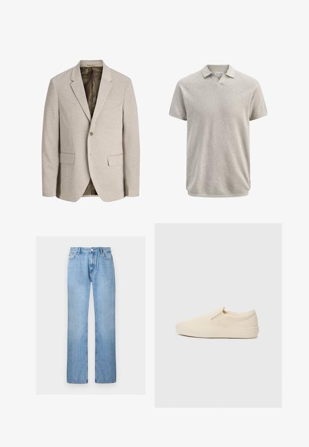 Blazer beige pour homme avec revers à crans, fermeture simple bouton, deux poches avant avec rabat, et doublure intérieure foncée.; Polo beige texturé à manches courtes avec col et légère ouverture en V, portant l'étiquette Jack & Jones.; Jean droit en denim bleu clair avec bouton à l'avant et poches, présenté sur un fond blanc uni.; Bottines beige à enfiler en toile avec une semelle en caoutchouc. Présentent des accents élastiques sur les côtés et une texture lisse. Design simple et arrondi.