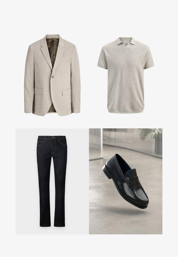 Blazer beige para hombre con solapas con muesca, cierre de un solo botón, dos bolsillos delanteros con solapa y forro interior oscuro.; Polo de manga corta en beige texturizado, con cuello y ligera apertura en V, de la marca Jack & Jones.; Vaqueros de mezclilla azul oscuro con corte recto, que cuentan con costuras naranjas, diseño de cinco bolsillos y cierre frontal de botón.; Mocasines de cuero negro con acabado liso, punta redondeada, costuras decorativas y una suela ligeramente elevada.