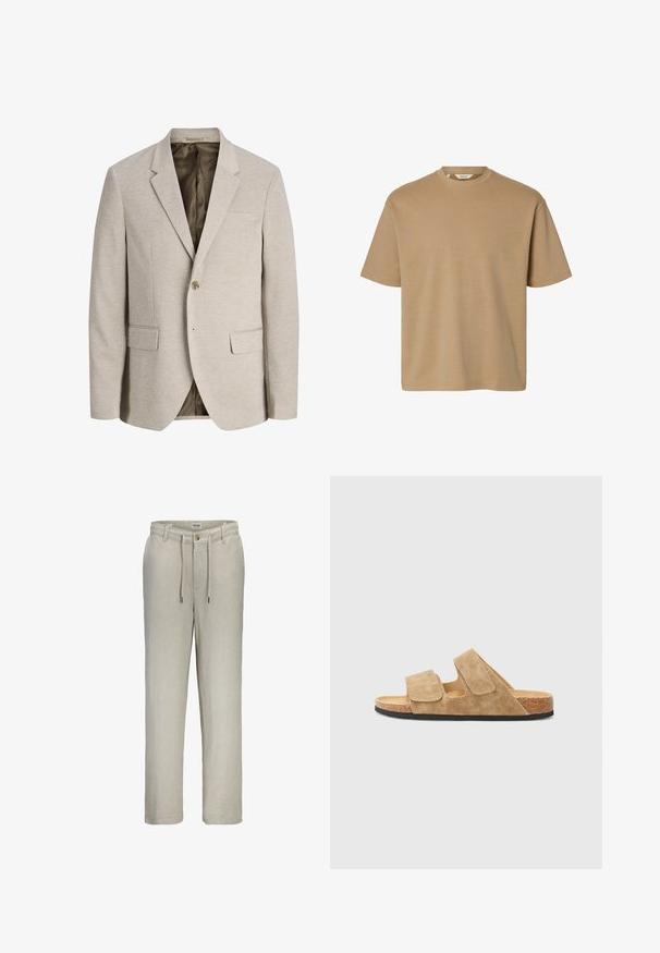 Blazer beige pour homme avec revers à crans, fermeture simple bouton, deux poches avant avec rabat, et doublure intérieure foncée.; T-shirt beige à manches courtes avec col rond, coupe décontractée et design uni, présenté sur fond blanc.; Pantalon beige à jambes droites avec passants pour ceinture, fermeture par bouton, zip devant, et taille réglable avec cordon de serrage.; Sandales en daim beige clair avec deux sangles Velcro réglables, une semelle en liège et une semelle en caoutchouc noir texturé. Design plat, style ouvert à l'avant.