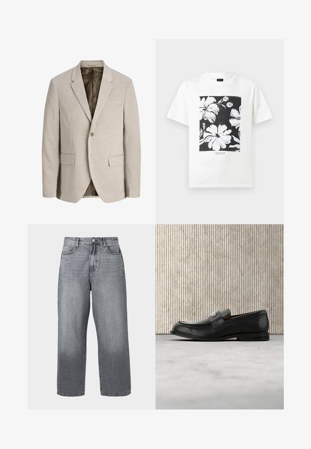 Beige herre blazer med notched revers, enkelt knaplukning, to forlommer med klap og mørk inderforing.; Hvid t-shirt med korte ærmer med sort-hvidt blomsterprint centreret på brystet og lille "Premium" tekst under designet.; Grå denim bred-benede jeans med høj talje, fem-lomme design og metal lukning. Stof viser let falmning nær kanten.; Sort læderloafer med metalbrandskilt hvilende nær et brunt rundt bord på beige tæppe.